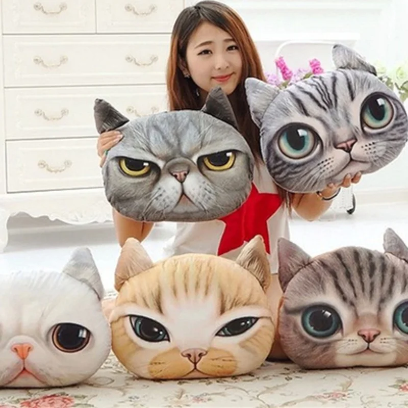 3D 귀여운 고양이 강아지 머리 베개 쿠션, 홈 소파 카시트 쿠션, 창의적인 만화 고양이 낮잠 베개 쿠션 선물, 35cm x 36cm