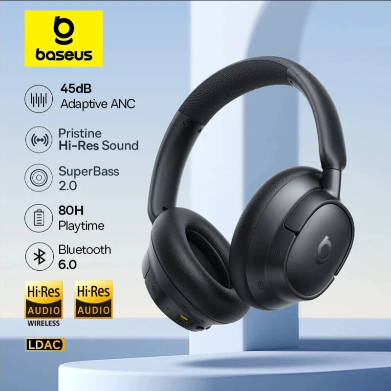 Baseus EH10 NC ANC 무선 헤드폰 45dB 적응형 하이브리드 소음 차단 헤드셋 고해상도 LDAC 헤드폰 Bluetooth 6.0 80Hrs
