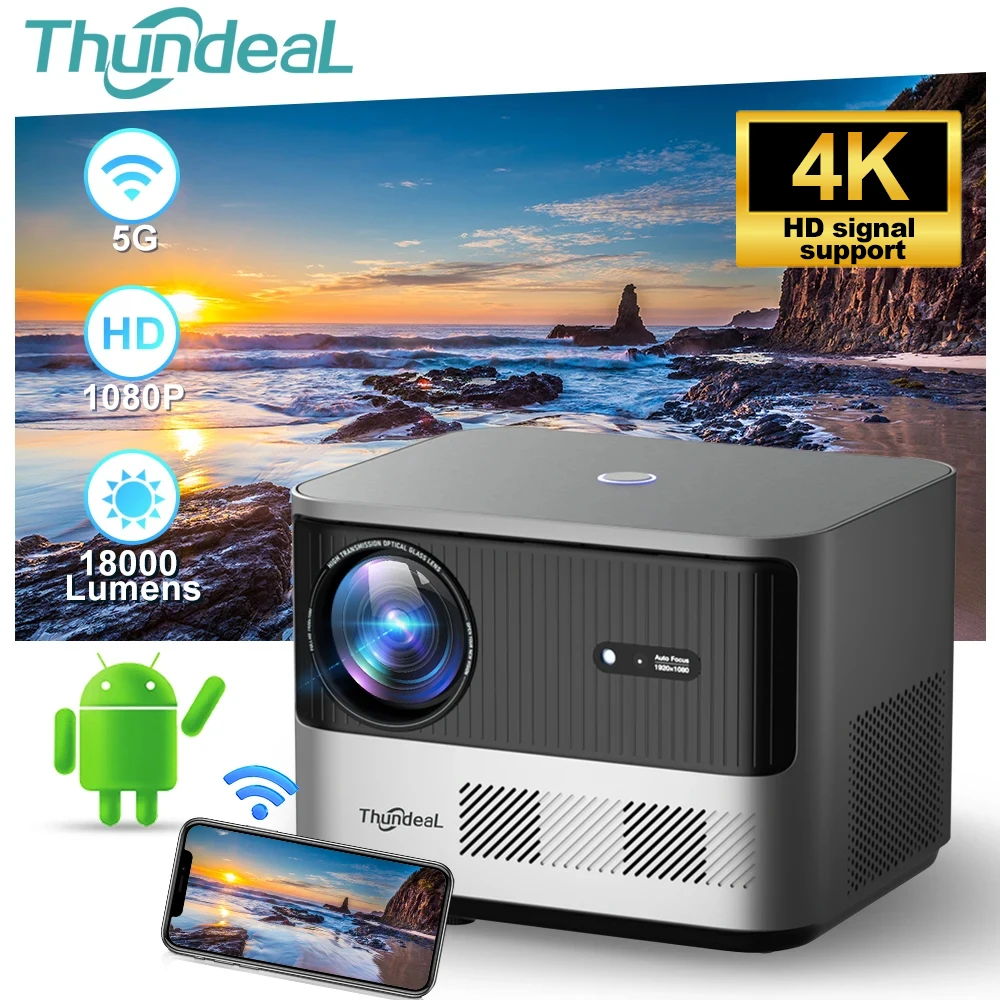 ThundeaL TDA6 풀 HD 프로젝터, 1080P, 2K, 4K 비디오, 홈 시어터, 자동 초점, 5G 와이파이, 안드로이드 프로젝터, TDA6W, 3D 휴대용 프로젝터 안드로이드내장 LED 3D비디오 영사기 WiFi 무선연결 내장스피커 스마트빔 지원  폭넓은 호환성 영사기 50000시간 사용가족영화관 캠핑 여행용 저소음 빔프로젝터 빔프로젝트 최강 가성비 3D 스마트 프로젝터 빔프로