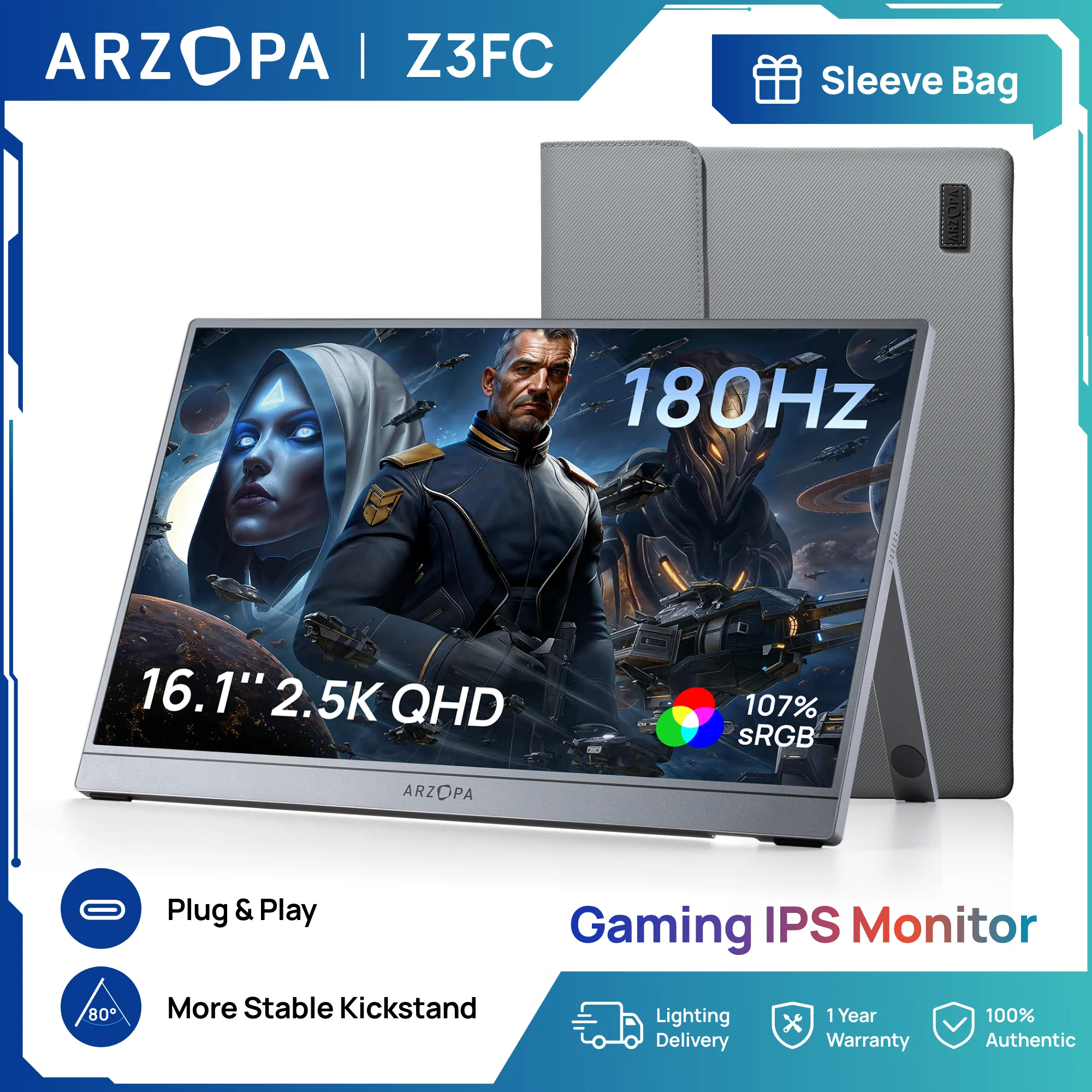[신제품]ARZOPA 16.1인치 2.5K 180Hz 휴대용 모니터 2560*1440, Type-C 포함, 보관 가방 포함, Z3FC