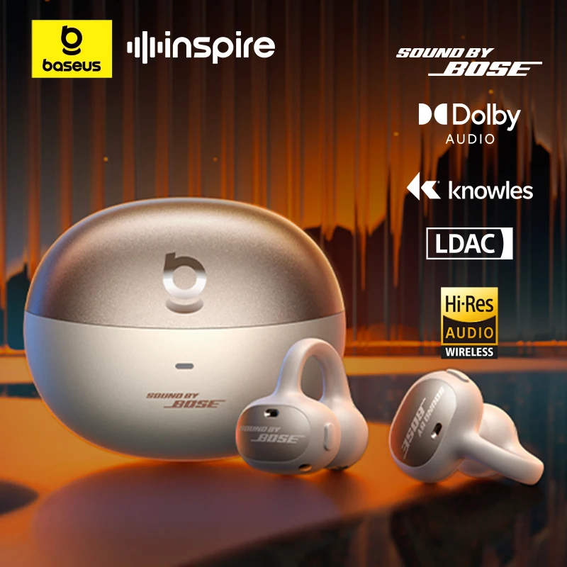 베이스어스 인스파이어 XC1 이어 클립 무선 이어버드 블루투스 6.1 하이 레졸루션 오픈 이어폰 귀걸이형 4-마이크 클립온 이어버드 보스 사운드