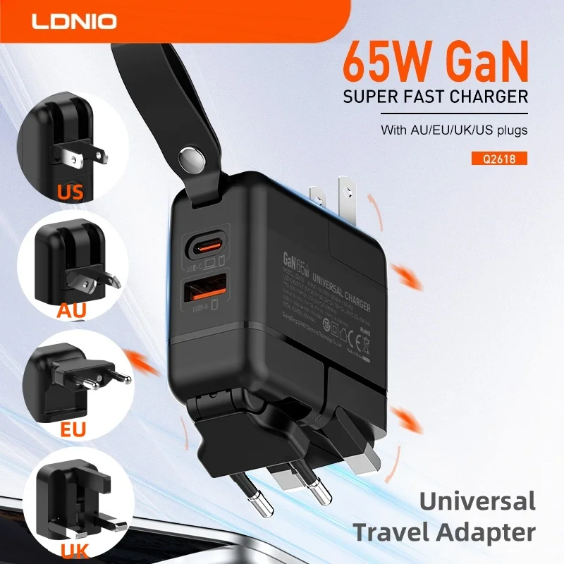 LDNIO Gan 65W 급속 충전기 C형 범용 여행 어댑터, 미국 EU 영국 AUS Kr 플러그, 다기능 휴대용 USB 충전기, 여행용, 한국형 고속충전기