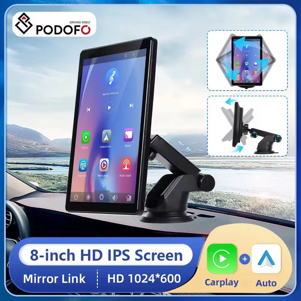 Podofo 8 "IPS 스크린 Carplay 모니터 무선 Carplay 안드로이드 자동차 자동차 스마트 스크린 플레이어 블루투스 FM 지원 비디오 후면 캠