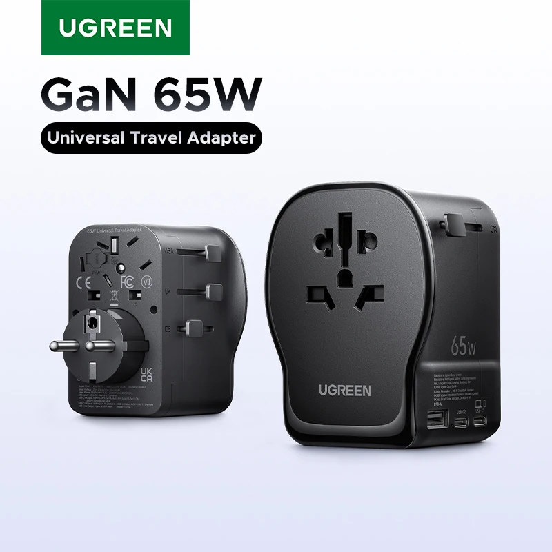 UGREEN GaN 65W 범용 여행 어댑터 2 USB-C 1 USB-A AC 소켓 CE FCC UL 인증 고속 충전기 EU US UK 플러그 접지 포함