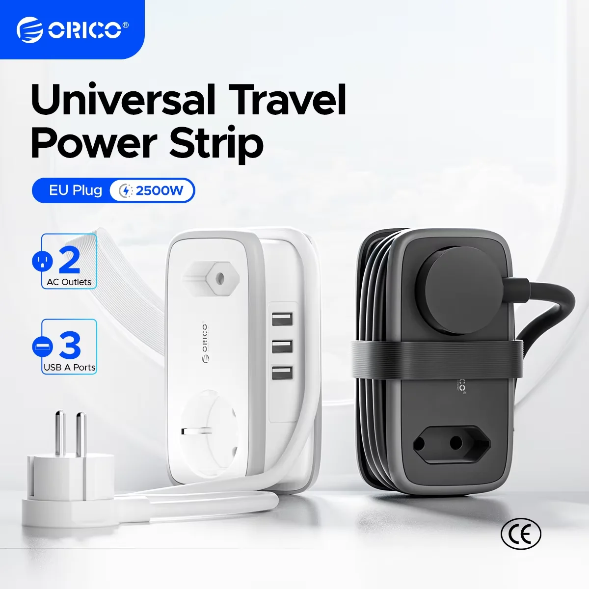 ORICO EU 플러그 전원 스트립(2AC 3USB 포트, 1.1M 연장 케이블 포함) 가정용/여행용 5-In-1Travel 스마트 소켓 공간 절약