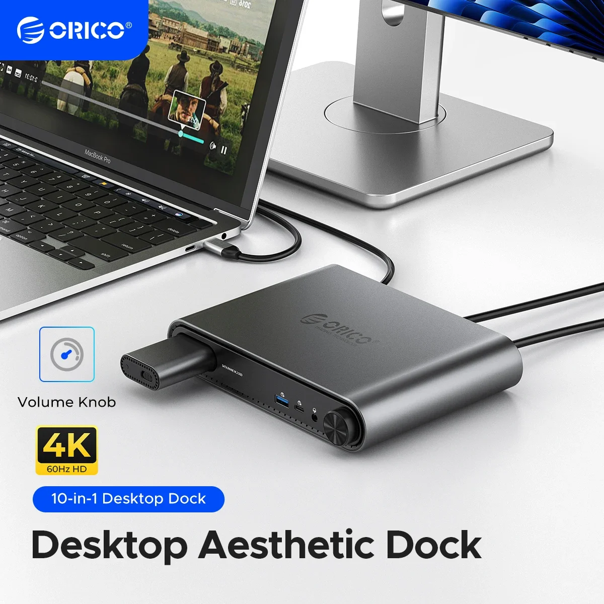ORICO USB C 도킹 스테이션, M.2 SSD 인클로저 포함, PD100W 충전 이더넷, 4K 60Hz HDMI-com, 3.5mm 오디오 볼륨 조절, 10 in 1