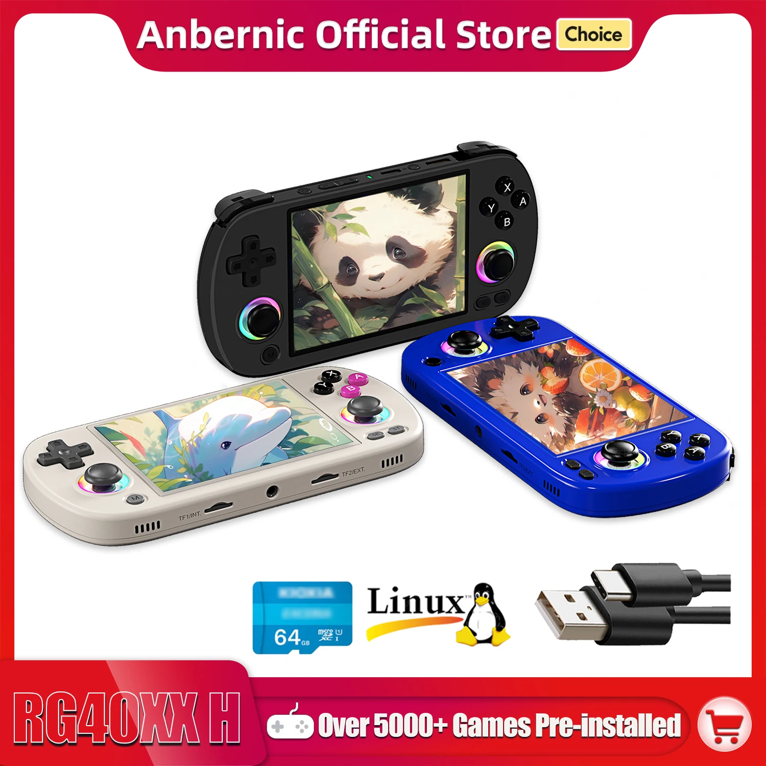 ANBERNIC RG40XX H 휴대용 게임 콘솔 4.0인치 640*480 IPS 스크린 3200mAh 64비트 시스템, RGB 조명 내장 5K+게임 RG40XXH