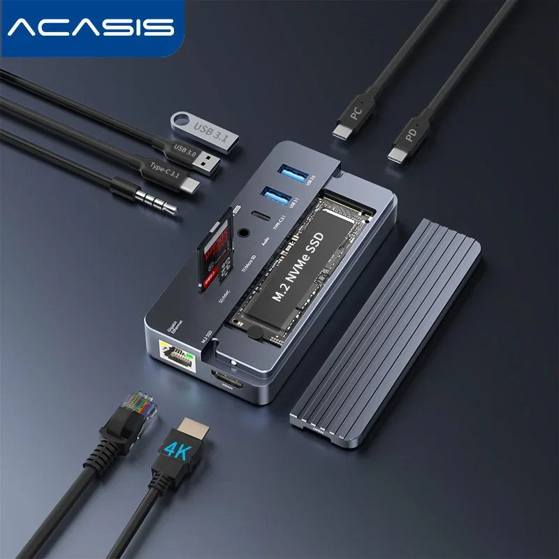 M.2 NVMe SSD용 ACASIS 10-in-1 도킹 스테이션: 4K@60Hz HDMI, 100W 전원 공급, Mac Windows용 기가비트 이더넷 기능 탑재
