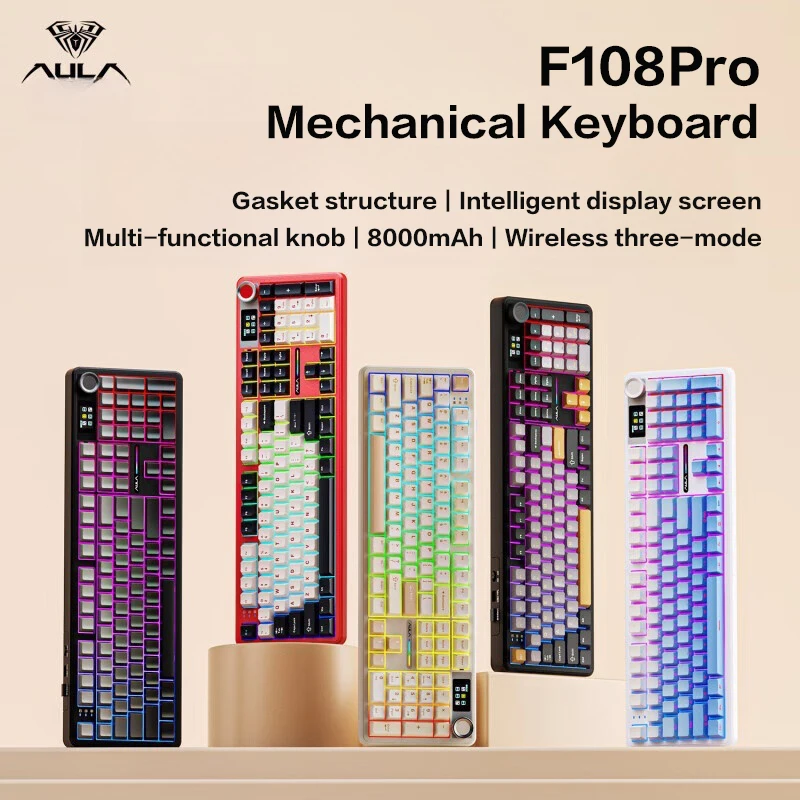 AULA F108Pro/F108 무선 블루투스 트라이 모드 연결, 다기능 디스플레이, 개스킷 구조, RGB 조명 효과