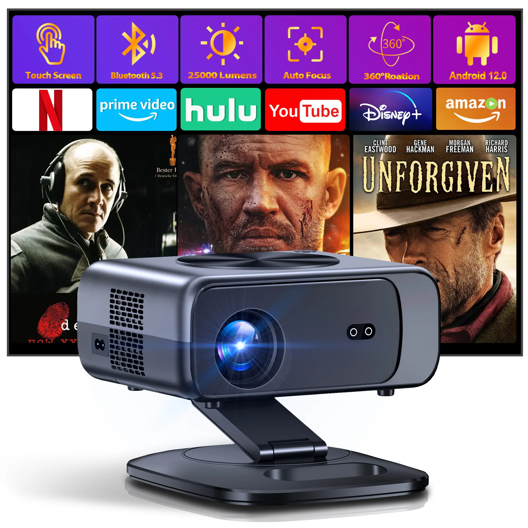 2025 M05 안드로이드 12.0 프로젝터 4K 64G 오토포커스 프로젝터 Wifi6 BT5.3 LED 프로젝터 8K 디코딩 홈시어터 빔프로젝터 프로젝터