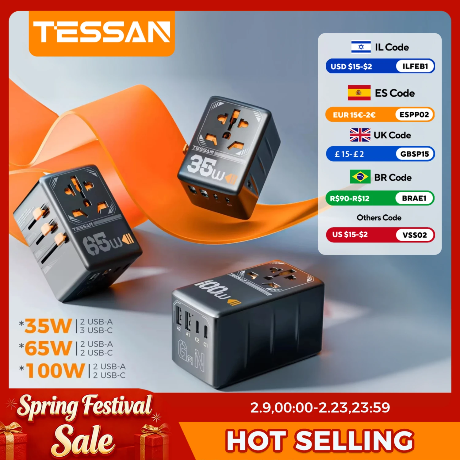 USB 및 타입 C 고속 충전 기능이 있는 TESSAN 100W GaN 범용 여행용 어댑터 국제 플러그 어댑터 여행용 EU/UK/USA/AUS 플러그