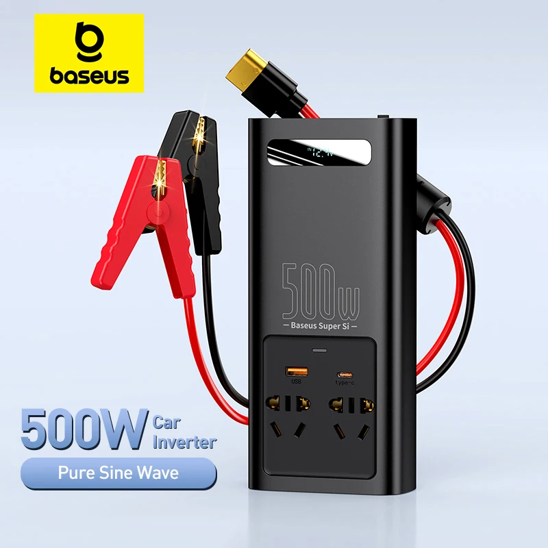 베이스어스 차량용 C타입 USB 순사인파 EU US 소켓 인버터, DC 12V to AC 110V, 220V 자동 변환기, 고속 충전, 500W