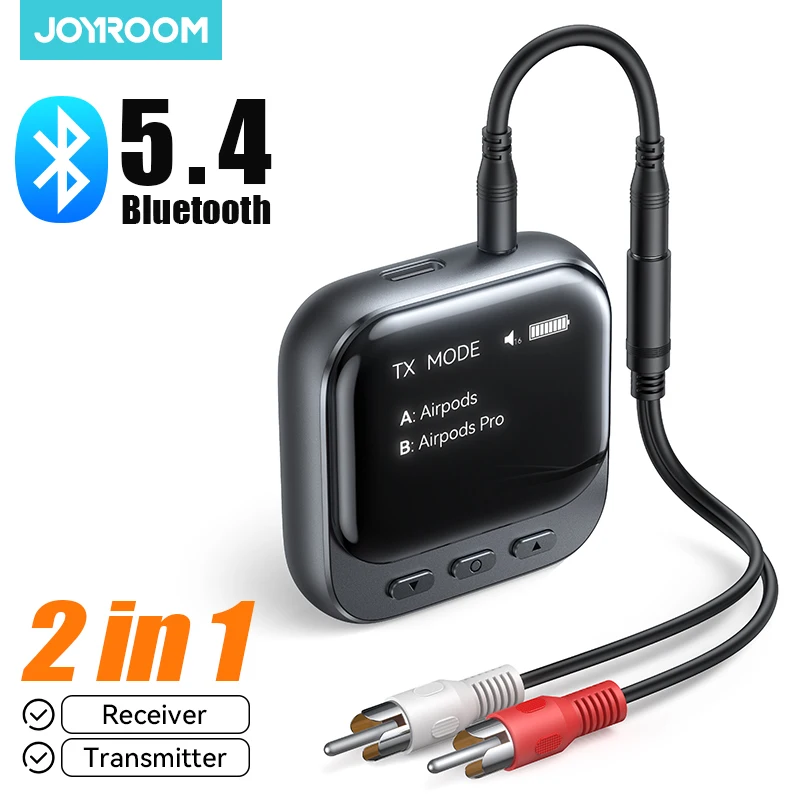 Joyroom 2-IN-1 블루투스 5.4 송수신기(OLED 디스플레이 포함), 2개의 에어팟 또는 헤드폰용, 400mAh 3.5MM AUX 잭 어댑터