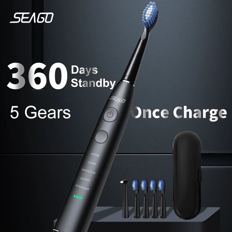 Seago 전동 칫솔 USB 충전식 성인용 360일 긴 배터리 수명 IPX7 4개 교체 헤드 여행용 박스 SG-575