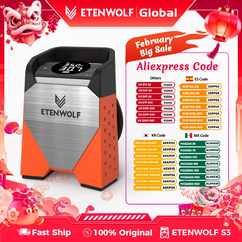 ETENWOLF ZEPHYR S3 휴대용 타이어 팽창기 100% 듀티 사이클 160 PSI 자동차 공기 압축기 7800mAh 자동차 오토바이 공 (신규)