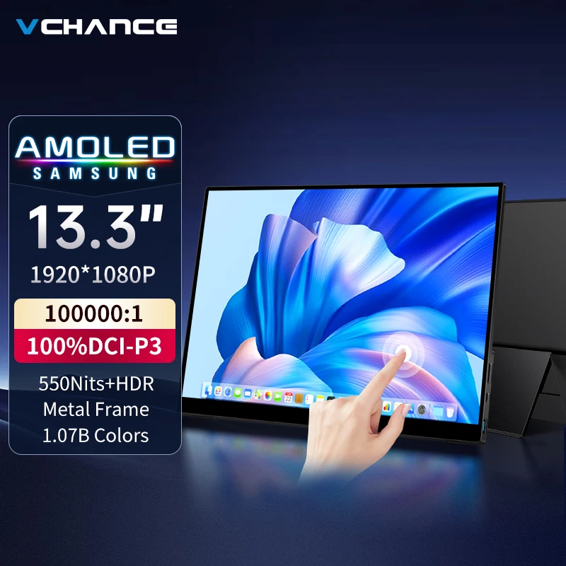 VCHANCE 13.3 인치 OLED 휴대용 모니터 터치 스크린 1920x1080 1ms 10bit 100% DCI-P3 노트북 Mac 용 사무실 여행 디스플레이 익스텐더