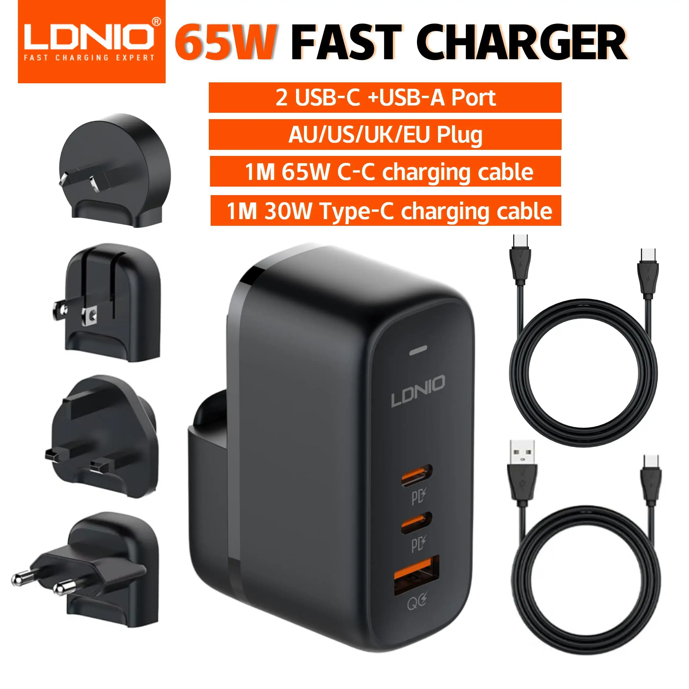 LDNIO 여행용 USB C 충전기, GaN 충전기, 3 포트 국제 플러그 어댑터, EU UK US AU 여행용 플러그 어댑터, 전원 코드, 65W