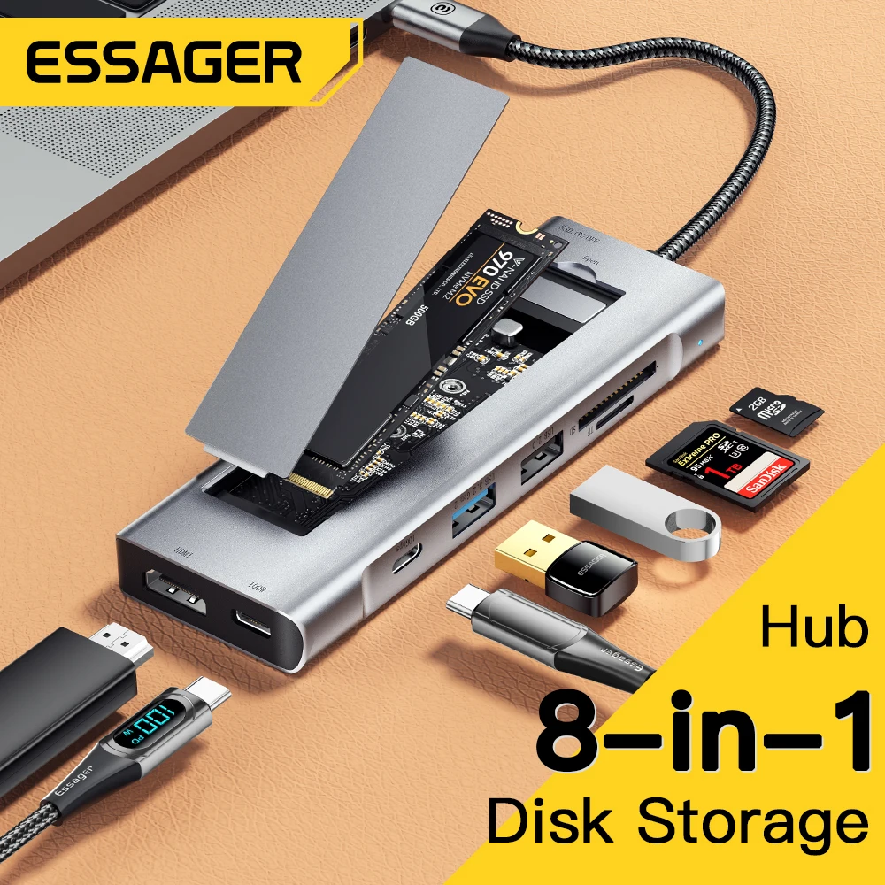 디스크 저장 기능이 있는 Essager 8-in-1 USB 허브 Macbook Pro Air M1 M2용 HDMI 호환 노트북 도킹 스테이션에 USB Type-c