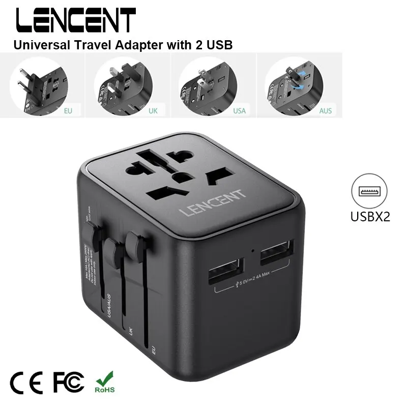 LENCENT 국제 여행용 어댑터, 올인원 여행용 충전기 전원 어댑터, 2 USB 포트, EU, UK, USA, AUS 플러그