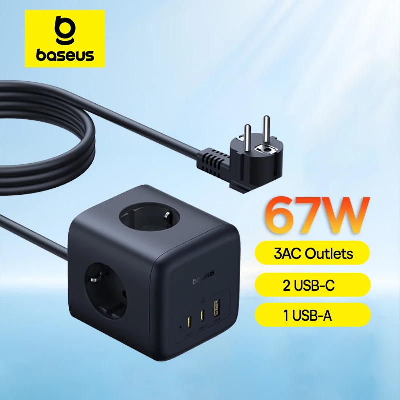 베이스어스 67W GaN 충전기 고속 전원 스트립 USB-C 고속 충전 3AC 콘센트 6 in 1 데스크탑 스테이션 노트북 아이폰 삼성 샤오미용