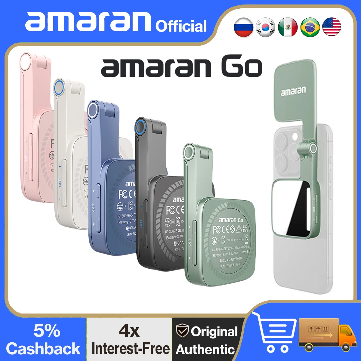 amaran Go 마그네틱 휴대폰 셀카 조명, 충전식 휴대용 조명, 거울 포함, 셀카 메이크업, 화상 회의, 틱톡, 유튜브