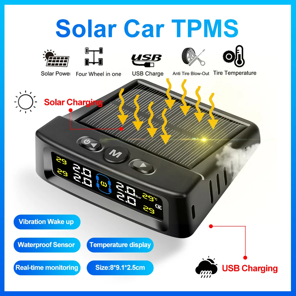 태양열 TPMS 자동차 타이어 압력 알람 디지털 다채로운 디스플레이 4 외부 센서 방수 타이어 압력 온도 경고