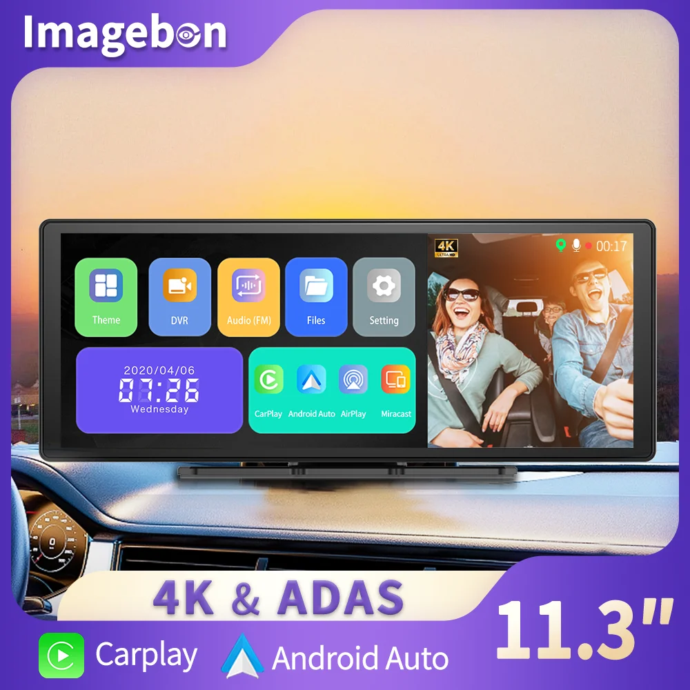 11.3인치 Imagebon H50 대시 캠 4K ADAS 무선 CarPlay 및 Android Auto 3채널 녹화 시간 경과 24시간 주차 모니터 블랙박스