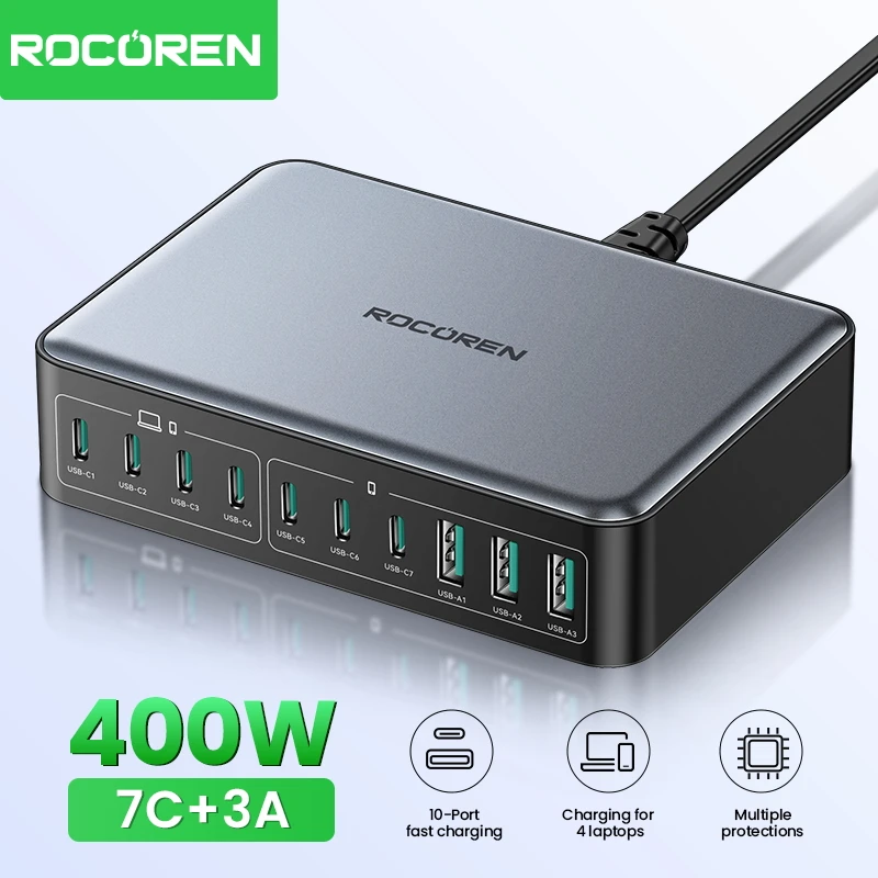 Rocoren 400W USB Type C Gan 충전기 iPhone 16 Pro Max MacBook Air 용 휴대용 10 in 1 데스크탑 파워 스테이션 Type-C 고속 충전기