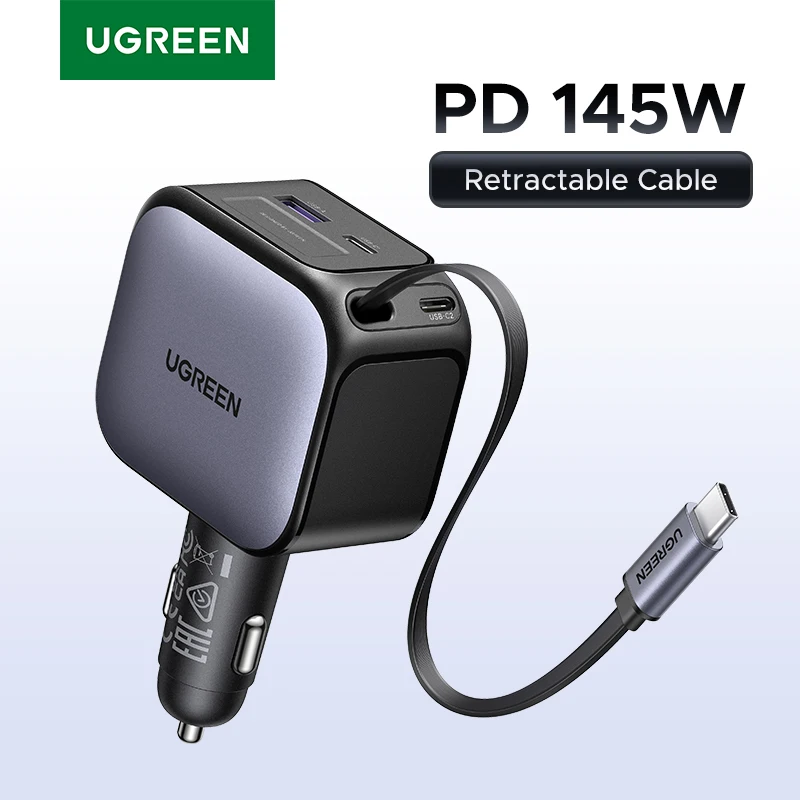 UGREEN 145W 90W 60W 차량용 충전기 3 USB-C & 1 USB-A 포트 PD QC4.0 고속 충전 리트랙터블 케이블 포함 아이폰 17 프로 맥북용