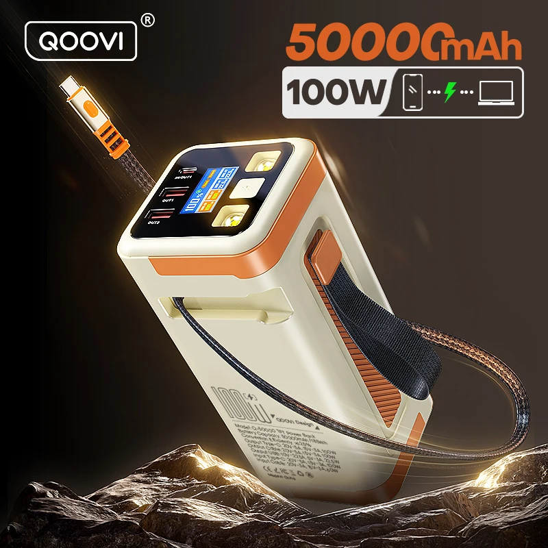 QOOVI 50000mAh 보조베터리 PD 100W 고속 충전 휴대용 대용량 배터리 용량 iPhone 노트북 용 발전소 Samsung Xiaomi