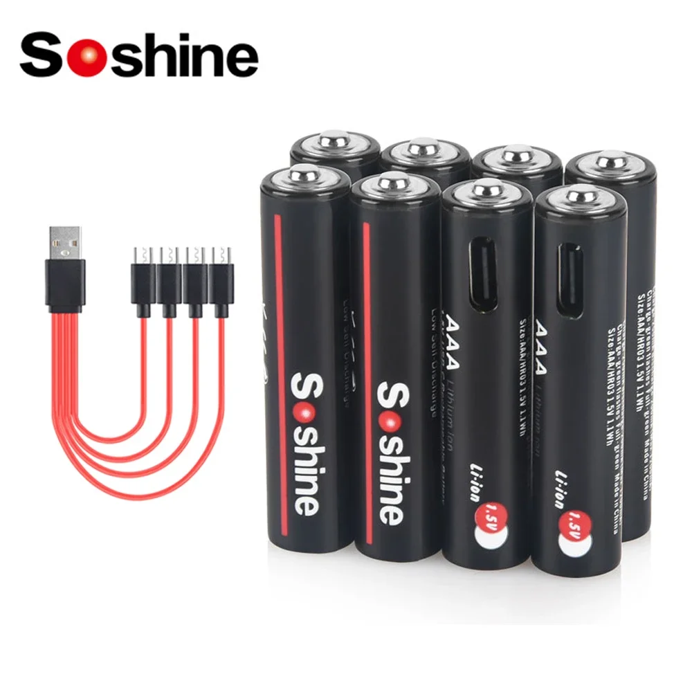 Soshine Aaa 1.5V 1100mWh 리튬 배터리 손전등 카메라 장난감 용 4-in-1 USB 케이블이있는 USB 리튬 이온 AAA 충전식 배터리