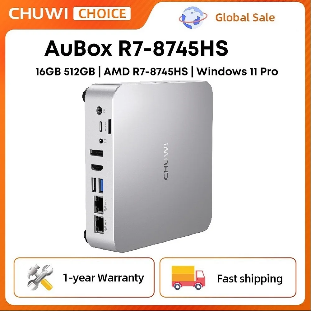 CHUWI Choice AuBox 미니 PC AMD Ryzen 7 8745HS 16GB DDR5 512GB SSD 윈도우 11 프로 4K 디스플레이 AI-Link WiFi 6 BT 5.1 확장형 M.2