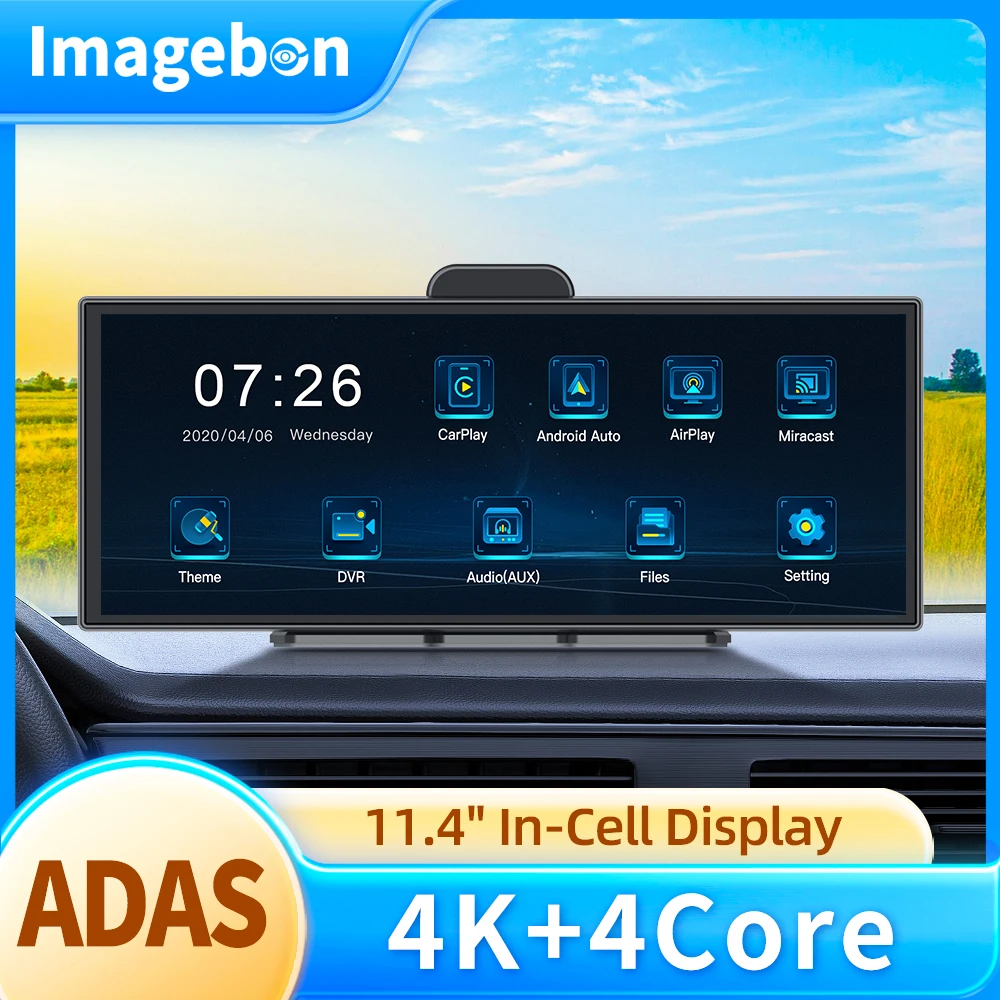 Imagebon 11.4인치 4K ADAS Dashcam 무선 CarPlay 및 Android 자동 듀얼 렌즈 DVR WiFi GPS 네비게이션 야간 투시경 비디오 레코더