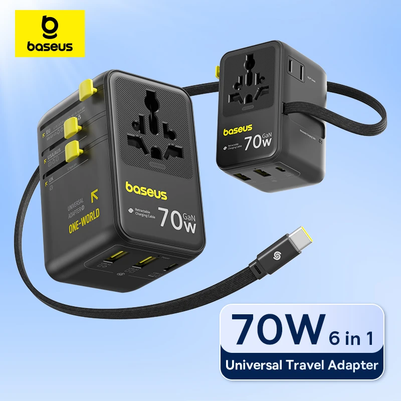 Baseus GaN 충전기 범용 여행용 어댑터 내장 70W 접이식 케이블 2AC 2 USB-A Type-C 고속 충전 EU/UK/USA/AUS