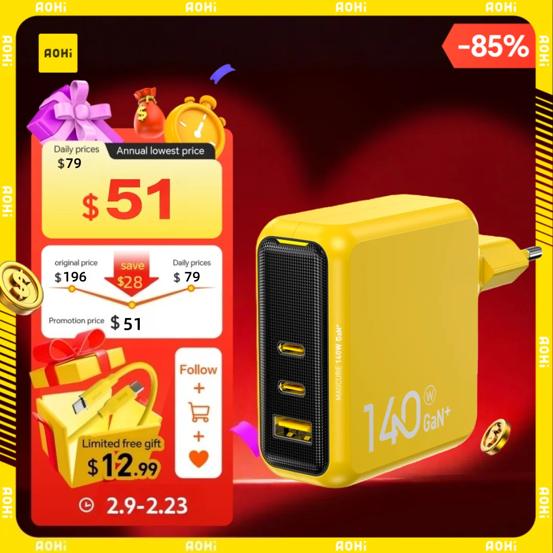 AOHI Magcube Pro 140W GaN 충전기 PD3.1 3포트 USB C 충전기 맥북 프로 노트북용 고속 충전기 아이폰 16 샤오미 태블릿용