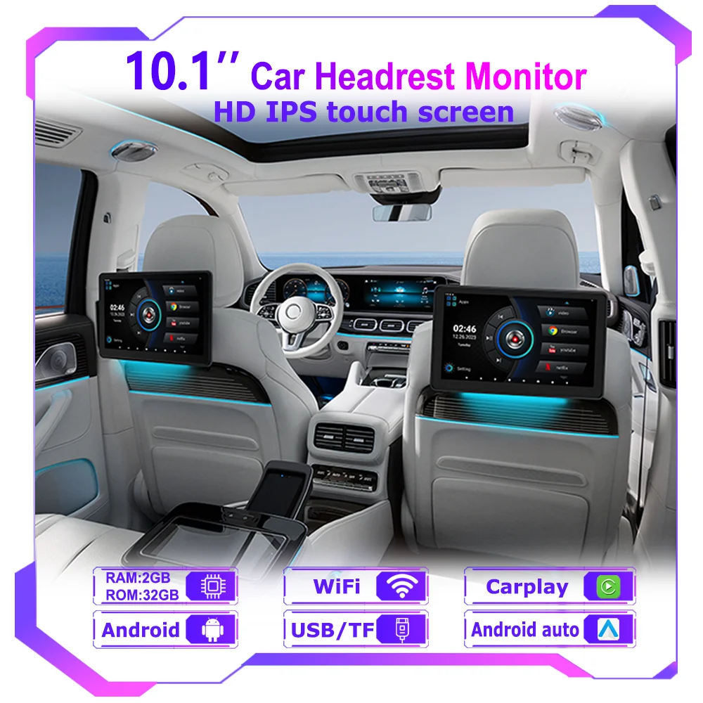 Incell 10.1 "안드로이드 13 자동차 머리 받침 모니터 뒷좌석 멀티미디어 플레이어 Carplay 주변 조명 BT 용 초박형 터치 스크린