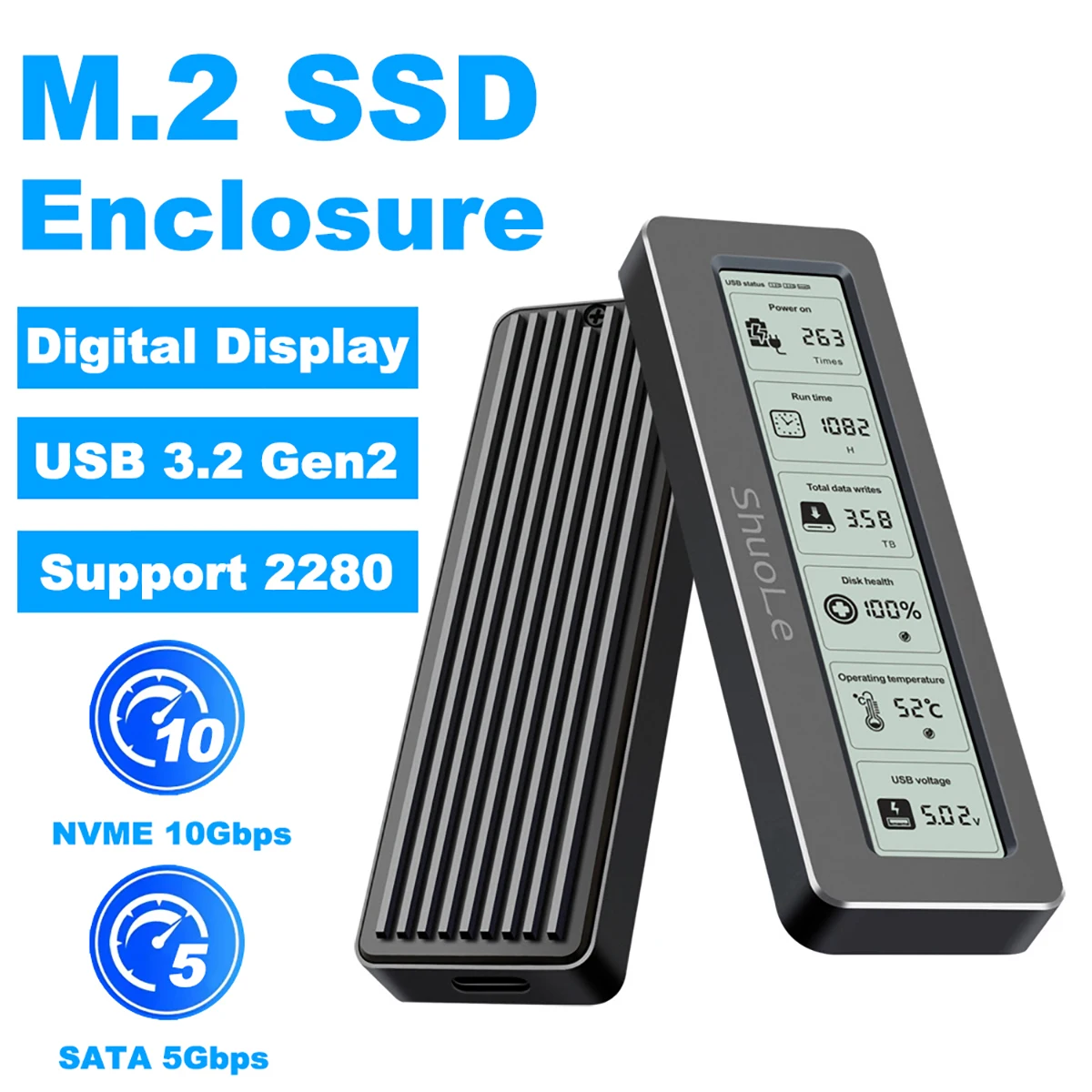M2 SSD NVMe 인클로저 USB 3.2 Gen2 10Gbps PCIe SSD 박스 M.2 NGFF SATA SSD 케이스 지능형 디지털 건강 모니터링 M.2 SSD 케이스