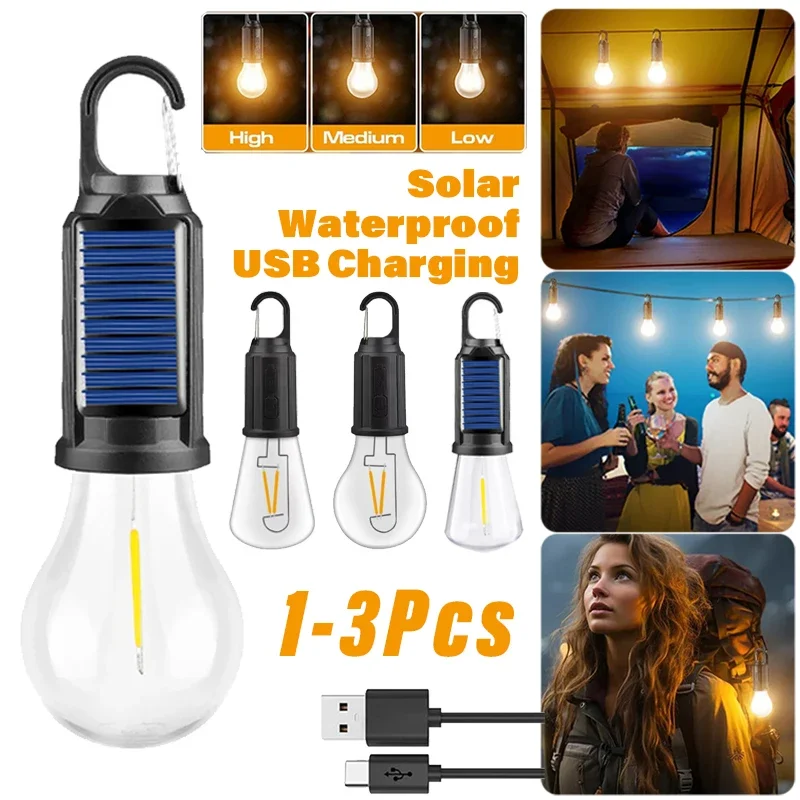 1-3 Pcs LED 캠핑 램프 태양 USB 충전식 야외 텐트 조명 매달려 전구 캠핑 필수 캠핑 손전등