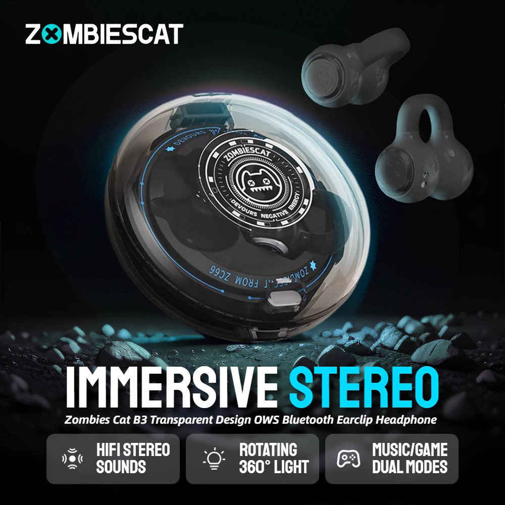 좀비캣 B3 OWS 이어 클립 무선 헤드폰 투명 디자인 블루투스 무선 이어폰 하이파이 스테레오 TWS 무선 이어버드