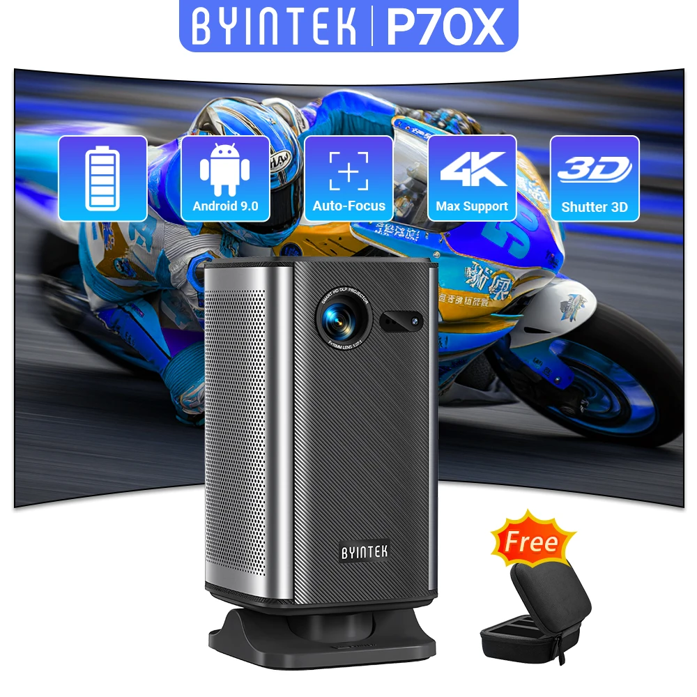 BYINTEK P70X 휴대용 미니 프로젝터(배터리 내장) 4K 지원 야외 영화용 3D Wifi 야간 홈 시어터 프로젝터