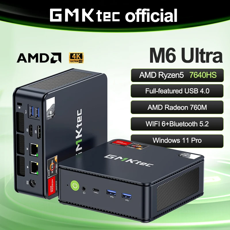 GMKtec 미니 PC M6 울트라 누크박스 AMD R5 7640HS 6코어 12스레드 DDR5 4800Mhz Pcie 3.0 SSD WIFI 6 BT5.2 윈도우11 프로 데스크탑 게이밍 PC