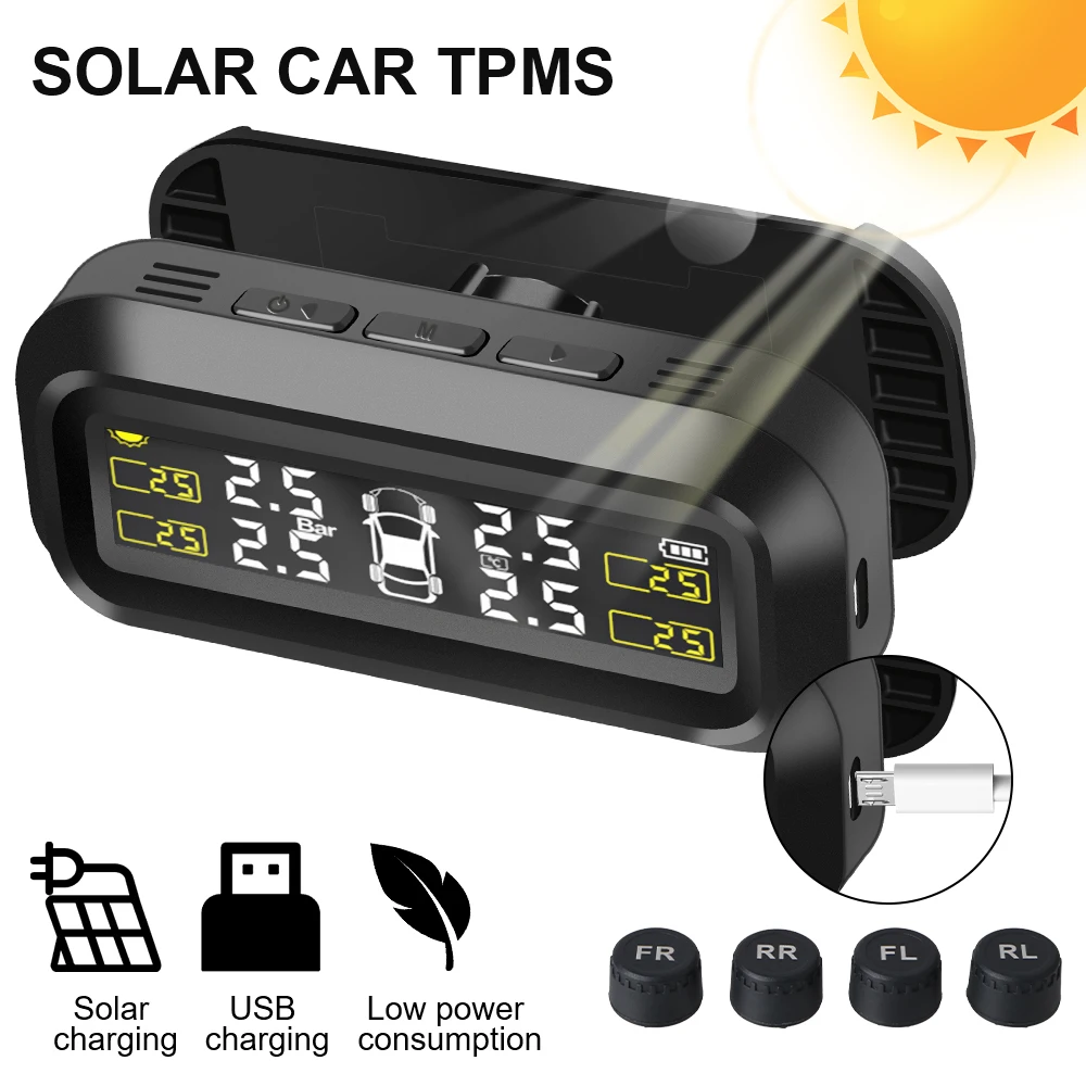 태양열 TPMS 타이어 압력 모니터링 시스템, 온도 경고, 연료 절약, 4 개의 외부 센서, 자동차 타이어 압력 모니터