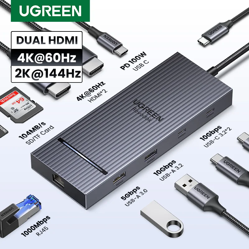 UGREEN USB C 허브 10-in-1 4K60Hz HDMI USB3.2 10Gbps PD100W RJ45 SDTF USB 분배기 노트북 Macbook Pro Air iPad 도킹 스테이션