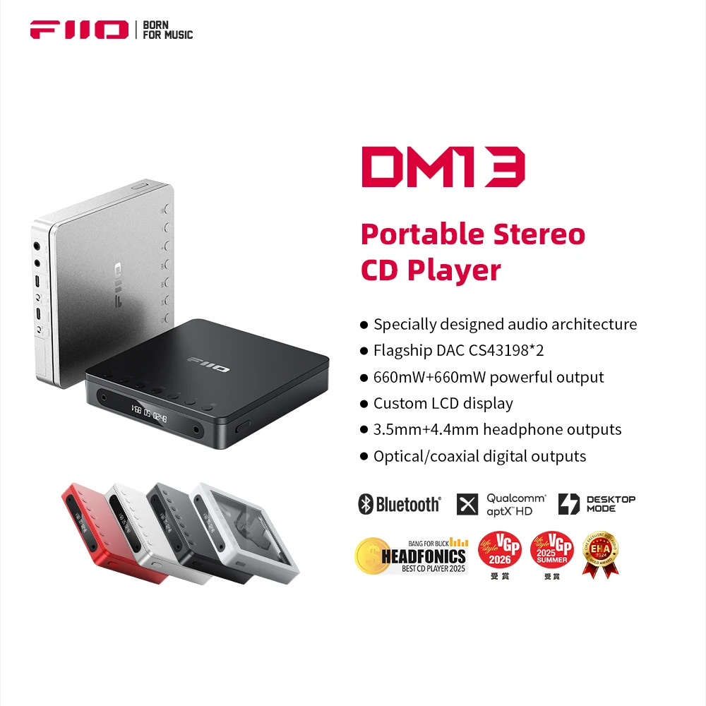 FiiO DM13 오래 지속되는 배터리가 장착된 다기능 휴대용 스테레오 CD 플레이어, USB 립 지원, 광/동축/3.5mm/4.4mm