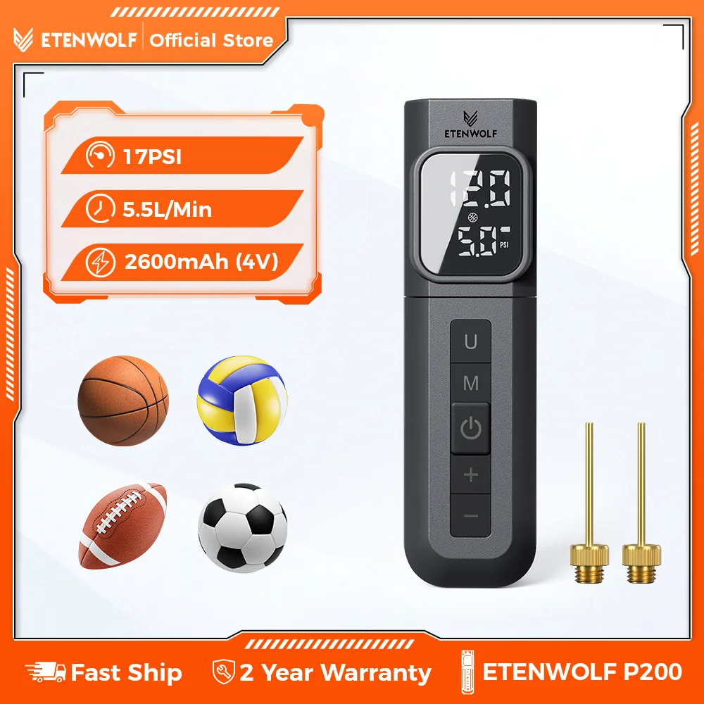 ETENWOLF P200 전기 볼 펌프 디지털 압력 게이지 2000mAh 스포츠 공기 펌프 농구 배구 공 바늘이있는
