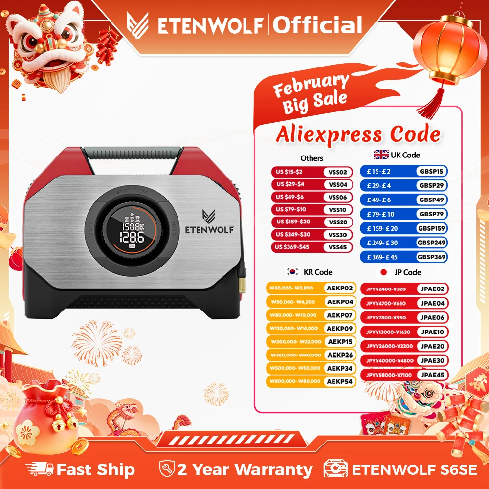 새로운 ETENWOLF S6SE 휴대용 에어 컴프레서 100% 듀티 사이클 & 듀얼 실린더 19200mAh 자동차 타이어 공기 주입기 자전거 펌프 에어 펌프