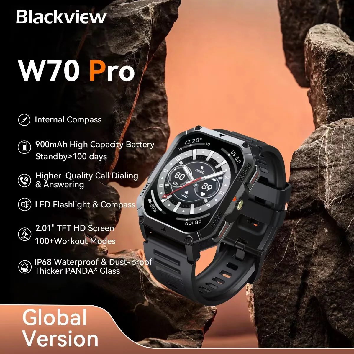 Blackview 2025 새로운 방수 및 견고한 스마트워치 W70 Pro 900mAh 비상 조명 및 나침반이 포함된 야외용 견고한 스마트워치