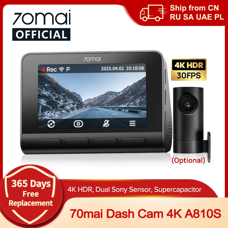 새로운 70mai 4K 블랙박스 A810S HDR 슈퍼커패시터 4G LTE Wi-Fi 6 음성 제어 GPS ADAS 70mai A810S 70mai A810 업그레이드 버전