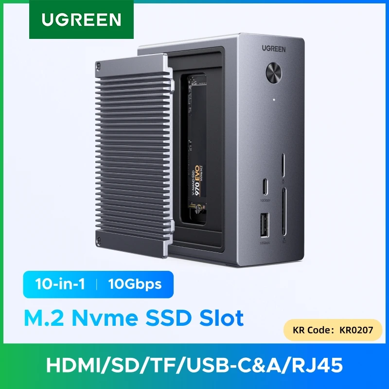 UGREEN M.2 SSD 케이스 도킹 스테이션 10Gbps NVMe 슬롯 USB-C 허브 4K60Hz HDMI SD&TF PD100W RJ45 노트북 맥 윈도우 스테이션용