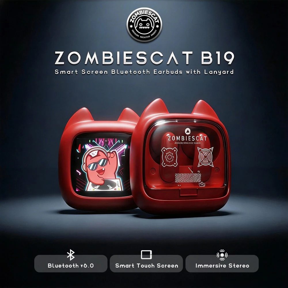 Zombies Cat B19 스마트 터치 스크린 TWS 블루투스 이어폰, HiFi 스테레오 음향, 블루투스 6.0, ENC 통화 노이즈 저감, 실리콘 목걸이 포함